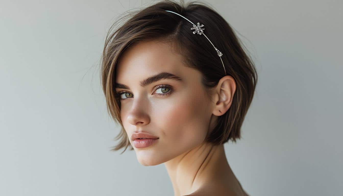 découvrez comment sublimer vos cheveux courts avec un bijou de tête élégant, sans utiliser d'accessoires visibles, pour un look naturel et sophistiqué.