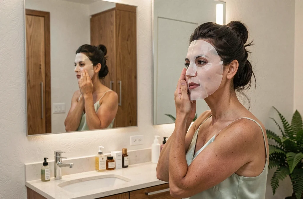 Femme appliquant un masque hydratant en tissu à l'acide hyaluronique devant son miroir de salle de bain