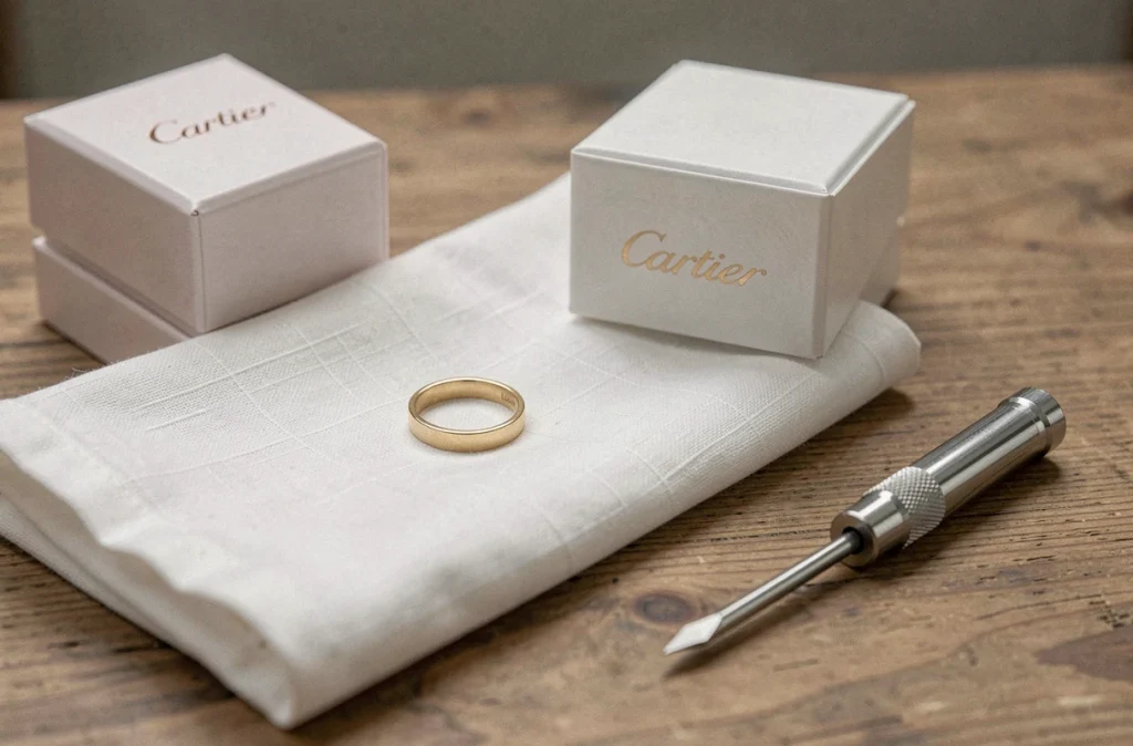 Bague Cartier Love homme en or posée sur lin blanc avec écrin et tournevis, composition éditoriale