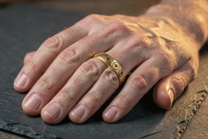 Bague Cartier Love en or jaune portée par un homme, vue macro sur les détails des vis caractéristiques
