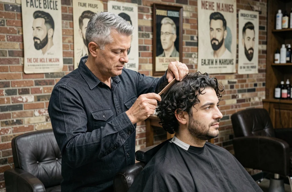 Barbier expert taillant la coupe d'un client selon la morphologie de son visage carré dans un barbershop vintage