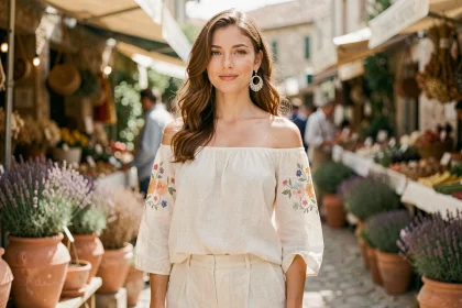 Jeune femme bohème portant une boucle d'oreille en argent filigranée dans un marché provençal ensoleillé