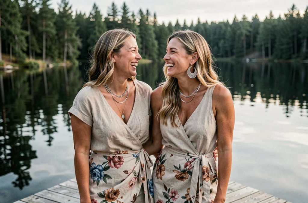 Deux femmes en tenue bohème portant des bijoux en argent et boucles d'oreilles bohèmes sur un ponton en bois face à un lac paisible