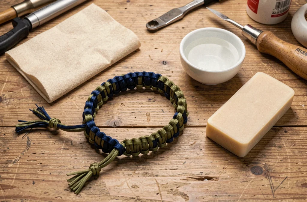 Vue de dessus d'un bracelet paracord cobra en nylon bicolore posé sur une table en bois avec des accessoires d'entretien