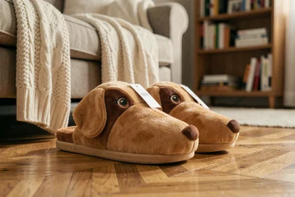 Chaussons teckel en peluche posés sur un parquet en bois avec étiquette de prix, ambiance chaleureuse de salon