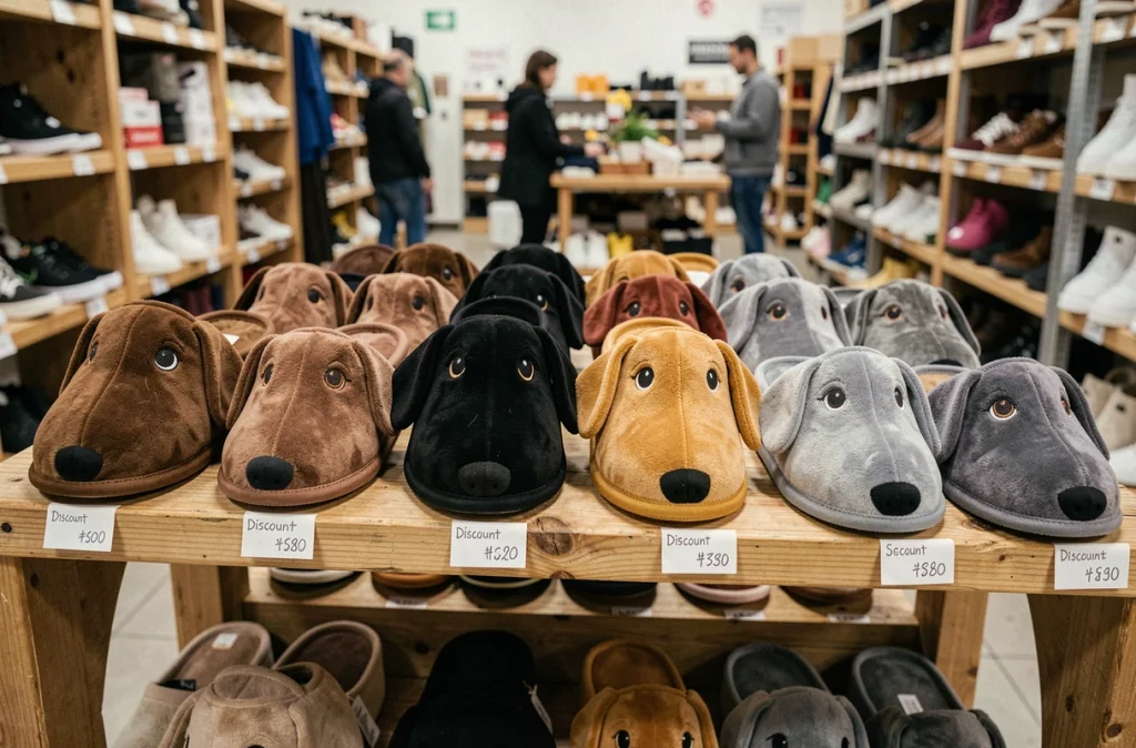 Rangée de chaussons teckel en différentes couleurs sur un présentoir de magasin discount avec étiquettes de prix