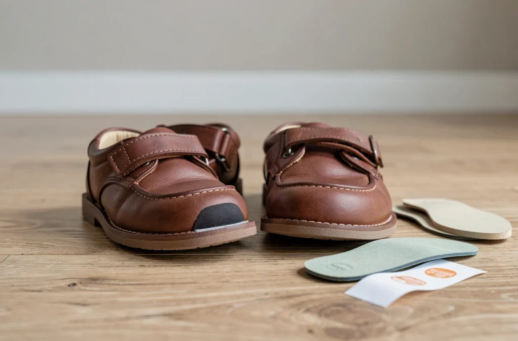 Gros plan de chaussures en cuir pour enfant avec semelles et talonnettes pour adapter une pointure trop grande
