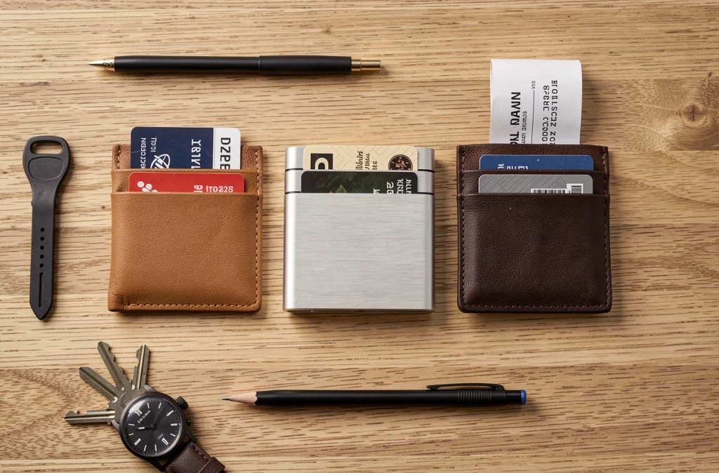 Comparaison de trois porte-cartes compacts pour homme disposés à plat sur un bureau en bois clair