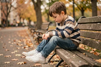 Jeune garçon assis sur un banc de parc portant des chaussures trop grandes en cuir blanc, regardant ses pieds avec curiosité