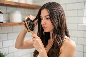 Femme brossant ses cheveux brillants avec une brosse en fibres naturelles dans une salle de bain moderne