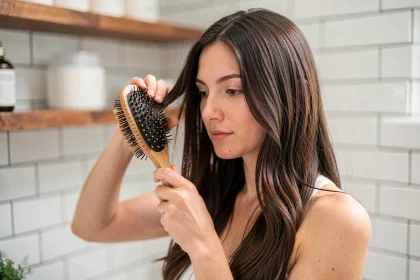 Femme brossant ses cheveux brillants avec une brosse en fibres naturelles dans une salle de bain moderne