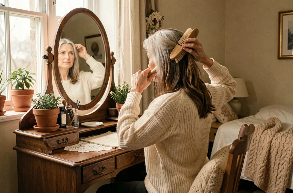 Femme mature se brossant les cheveux devant un miroir vintage avec une brosse à poils naturels