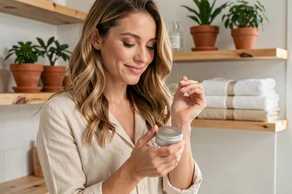 Femme appliquant un parfum solide naturel sur son poignet dans une salle de bain en bois au style scandinave