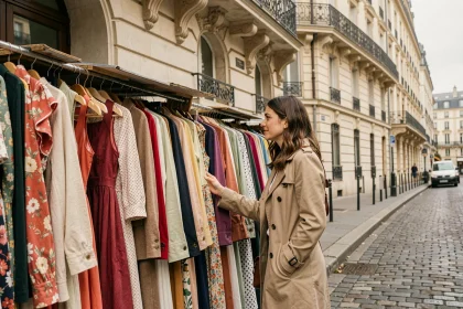Femme parcourant les vêtements d'une friperie de rue parisienne près d'une station de métro, ambiance Haussmann authentique