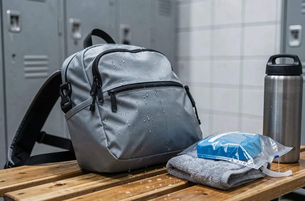 Gros plan sur la surface imperméable d'un sac à dos de sport avec des gouttes d'eau dans un vestiaire