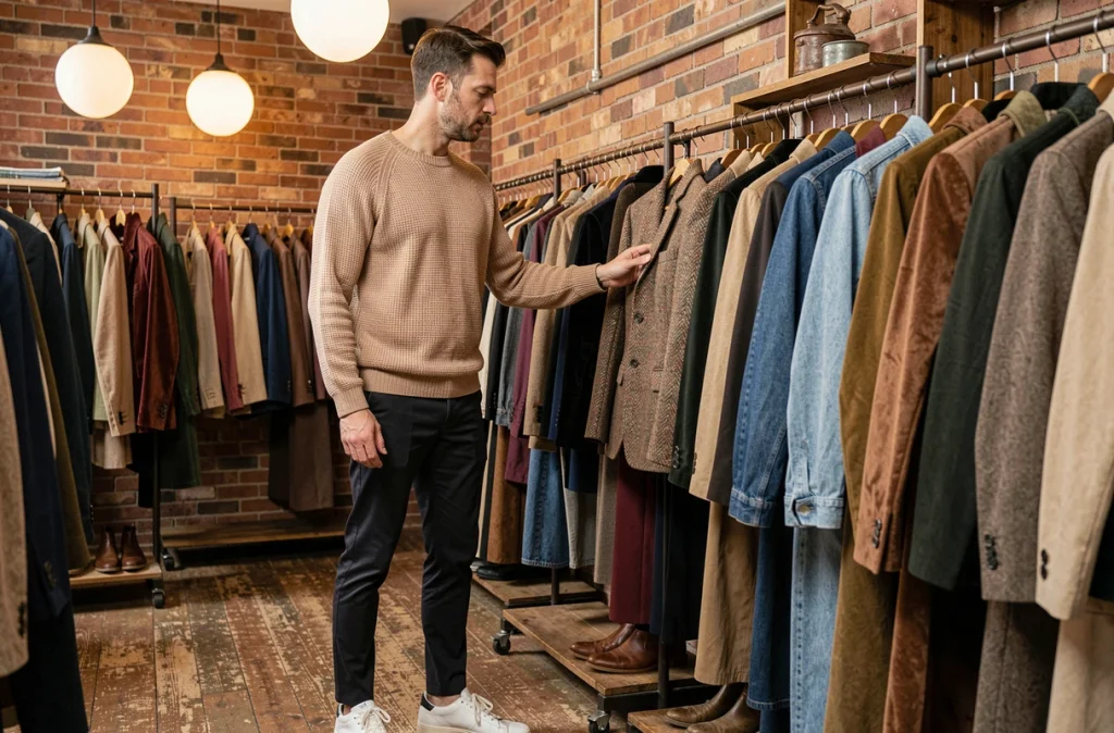 Homme élégant et décontracté explorant un portant de vêtements vintage dans une boutique de mode chaleureuse, illustrant l'art de dénicher le style avec amour en ville