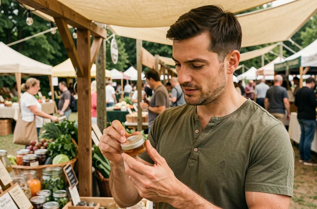 Homme examinant un parfum solide naturel sur un marché bio en plein air avec des stands artisanaux en arrière-plan