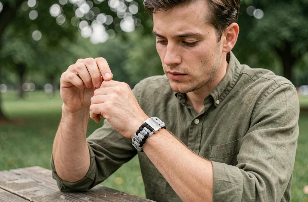 Jeune homme inspectant son bracelet paracord à l'extérieur, vérifiant l'état des nœuds et de la boucle en métal