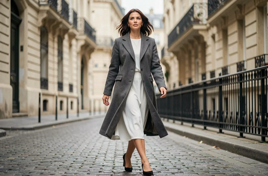 Femme marchant dans une rue pavée parisienne avec un jupon blanc sous son manteau, silhouette élégante et fluide
