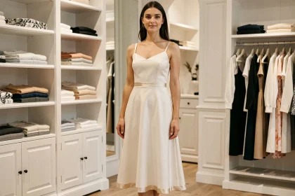 Femme portant un jupon blanc sous une robe midi dans une boutique parisienne, silhouette lissée et tissu qui ne colle plus