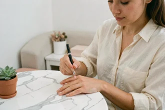 Jeune femme appliquant un vernis nude minimaliste dans un salon de manucure épuré aux murs blancs