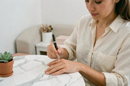 Jeune femme appliquant un vernis nude minimaliste dans un salon de manucure épuré aux murs blancs