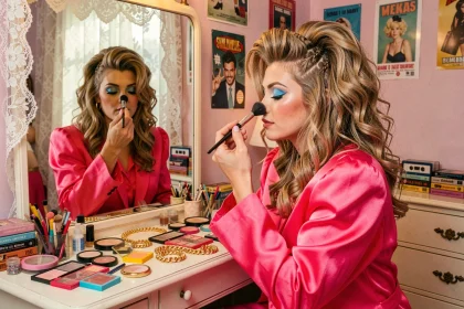 Femme se maquillant avec un fard à paupières bleu électrique devant un miroir de coiffeuse vintage, coiffure perméée volumineuse et tenue à épaulettes style années 80