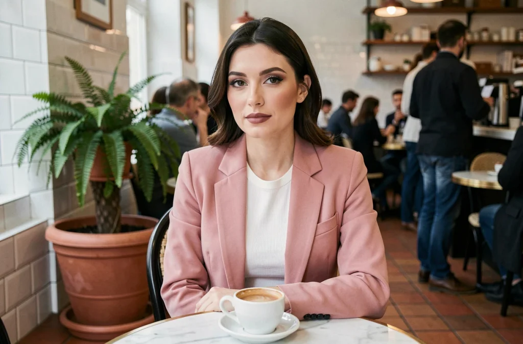 Femme en blazer rose avec maquillage nude mat assise dans un café parisien au printemps