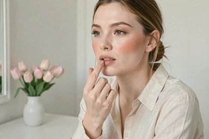 Jeune femme au teint clair appliquant un maquillage nude beige rosé dans un appartement parisien au printemps