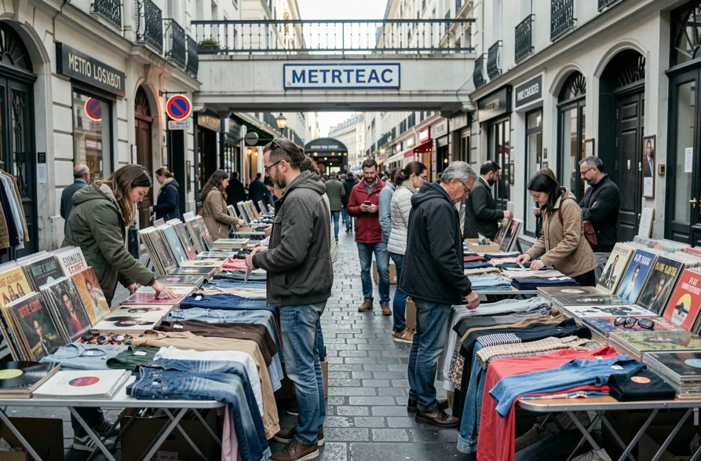 Allée animée d'un marché aux puces parisien avec enseigne de métro, vêtements de seconde main sur des tables et acheteurs en train de chiner