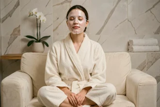 Femme portant un masque en tissu à l'acide hyaluronique pour une hydratation intense de la peau