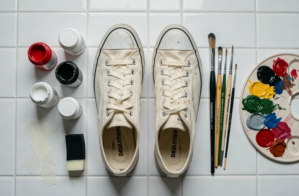 Vue à plat du matériel complet pour peindre des sneakers : pinceaux, peintures acryliques, préparateur cuir et chaussures sur carrelage blanc