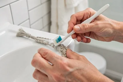 Nettoyage d'un bracelet paracord avec une brosse douce et de l'eau savonneuse au-dessus d'un évier en céramique blanche