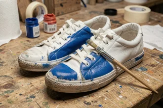 Sneakers blanches en cours de peinture bleue sur un établi en bois avec pinceaux et pots de peinture pour sneakers