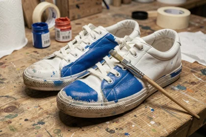 Sneakers blanches en cours de peinture bleue sur un établi en bois avec pinceaux et pots de peinture pour sneakers