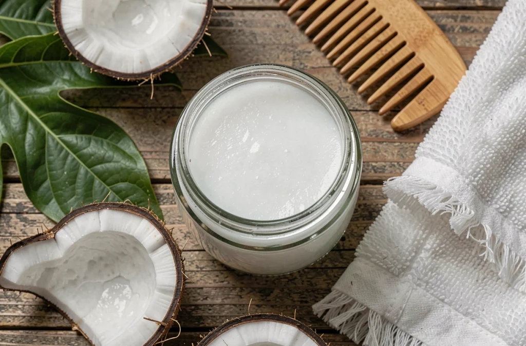 Pot en verre d'huile de coco solide entouré de noix de coco et peigne en bois sur une surface rustique