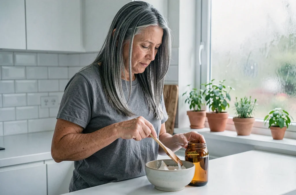 Femme préparant un masque capillaire à l'huile de coco dans une cuisine minimaliste moderne