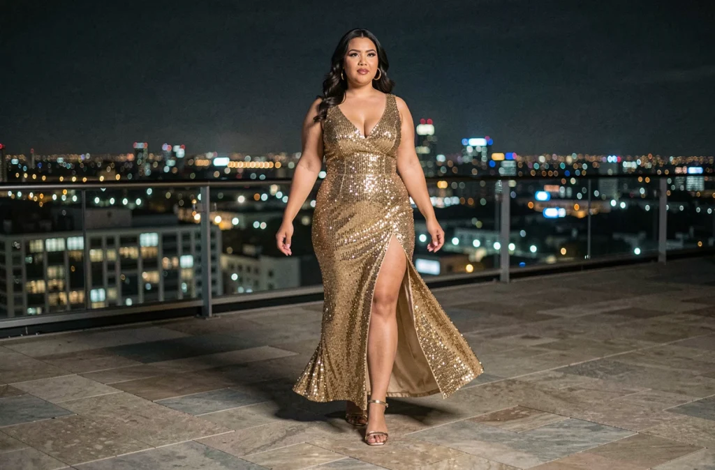 Grande taille femme en longue robe dorée à sequins marchant sur une terrasse nocturne avec vue sur la ville