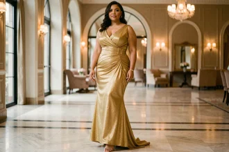 Femme grande taille en robe de soirée dorée longue, posant avec élégance dans un hall de palace aux sols en marbre
