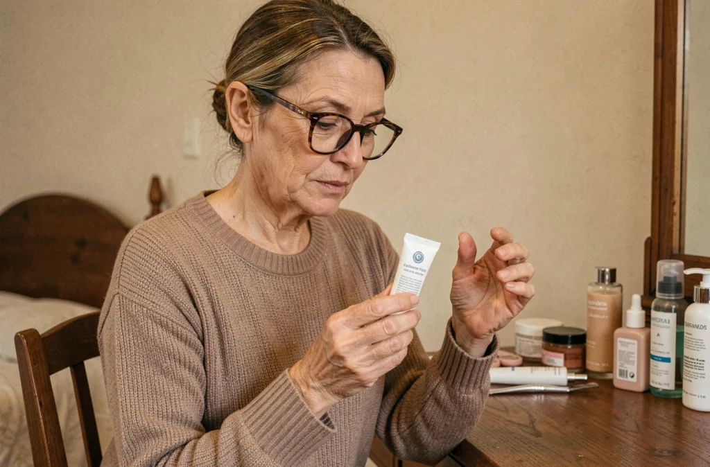 Femme mature examinant un produit cosmétique à la bave d'escargot dans sa routine beauté quotidienne