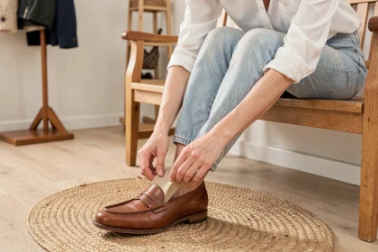 Femme insérant une semelle compensatrice en gel dans une chaussure en cuir trop grande pour éviter le glissement au talon