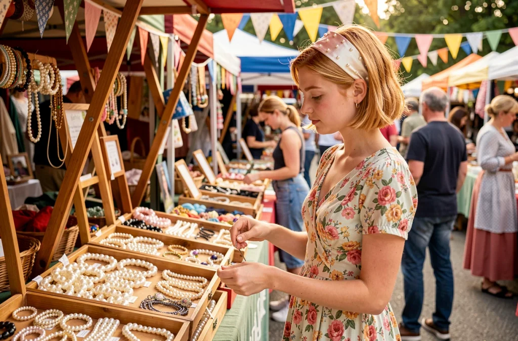 Jeune fille portant un serre-tête orné de perles dans un marché vintage, tendances accessoires cheveux en perles
