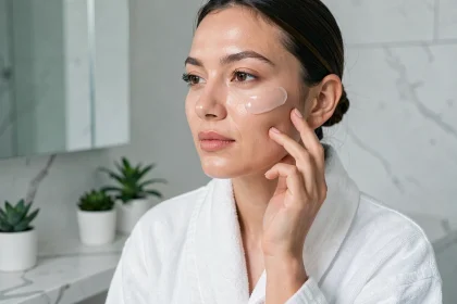 Femme appliquant un sérum à la bave d'escargot sur son visage dans une salle de bain minimaliste