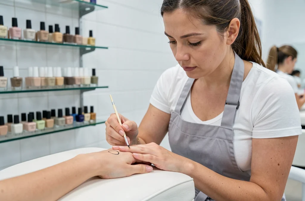 Technicienne en nail art réalisant un design minimaliste en espace négatif sur les ongles d'une cliente dans un salon moderne