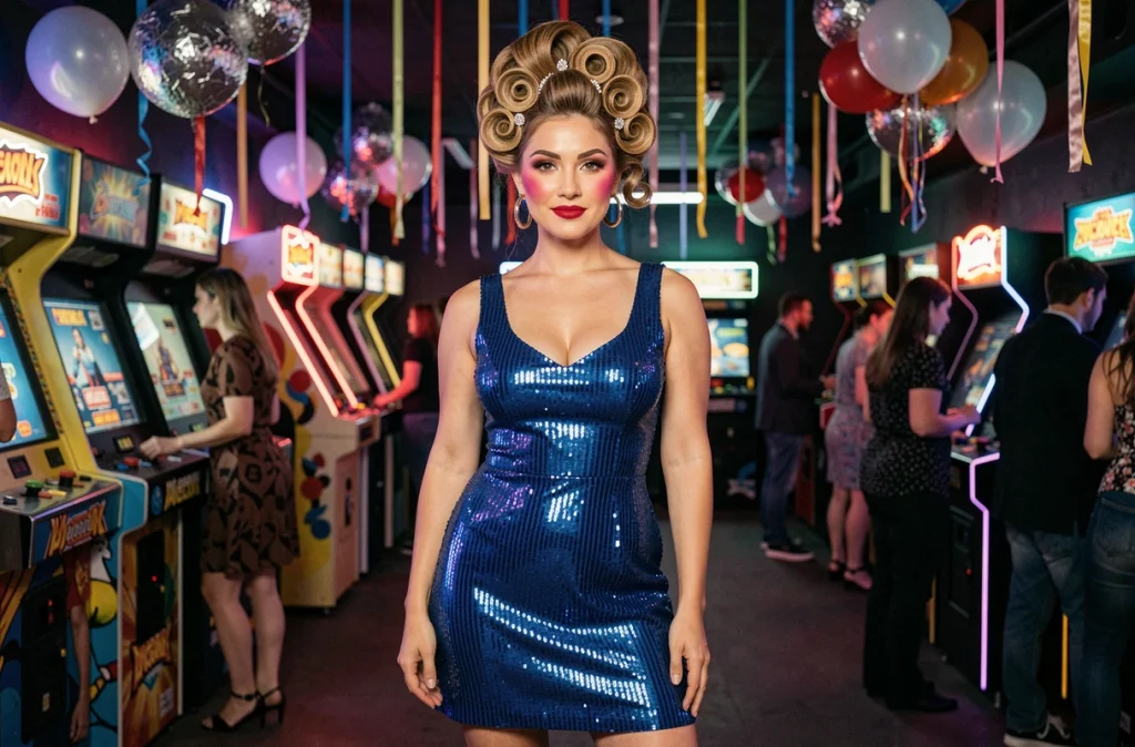 Femme en robe à sequins bleu royal avec coiffure volumineuse et maquillage années 80 fuchsia et rouge à soirée à thème rétro avec jeux d'arcade en arrière-plan