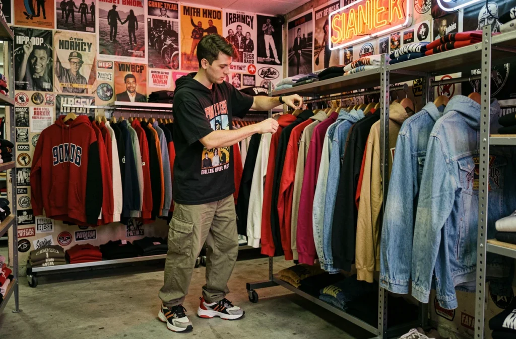 Un jeune homme browse des vêtements streetwear des années 90-2000 dans la boutique 3615 La Fripe à Annecy, décor urbain avec affiches hip-hop et enseignes néon