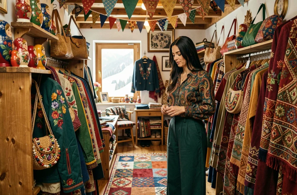 Une femme présente des vêtements brodés et accessoires éclectiques dans la boutique Baboushka aux Gets, décor bohème avec poupées russes et tapis colorés