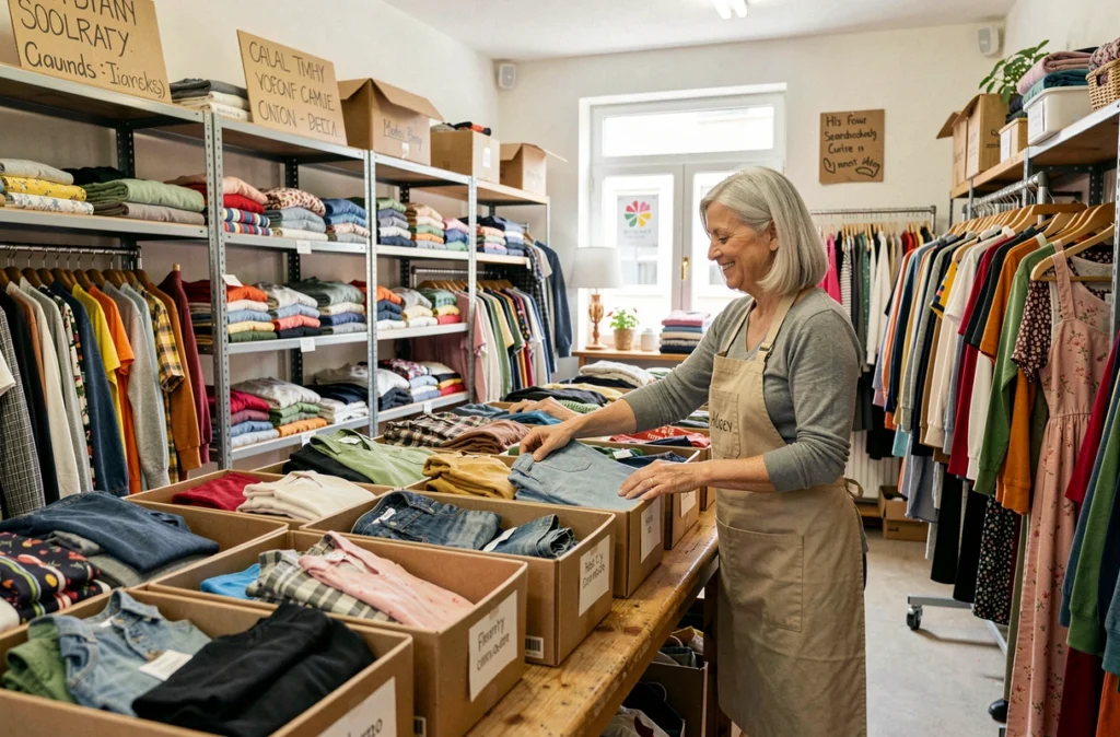 Une bénévole trie des vêtements donnés dans Bazar Sans Frontières, dépôt-vente solidaire à Annecy, avec des étagères remplies de donations variées