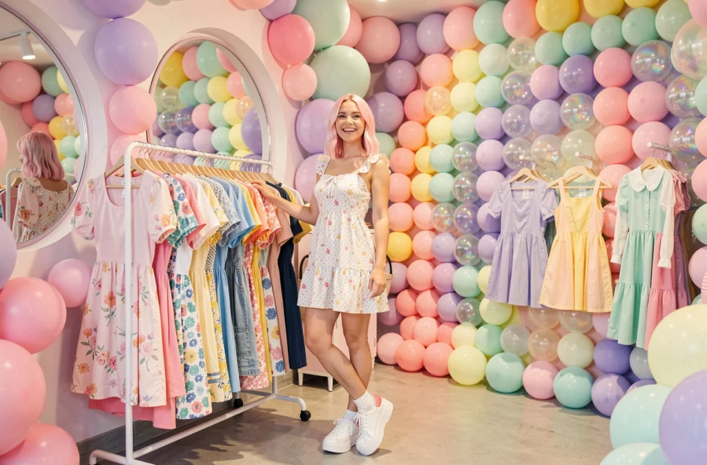 Une jeune femme aux cheveux roses pose joyeusement dans Bubble Vintage en Haute-Savoie, boutique colorée avec décor bulles pastel et portants arc-en-ciel
