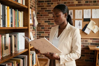 Jeune femme noire passionnée de mode tenant un portfolio d'illustrations de mode dans un studio académique chaleureux